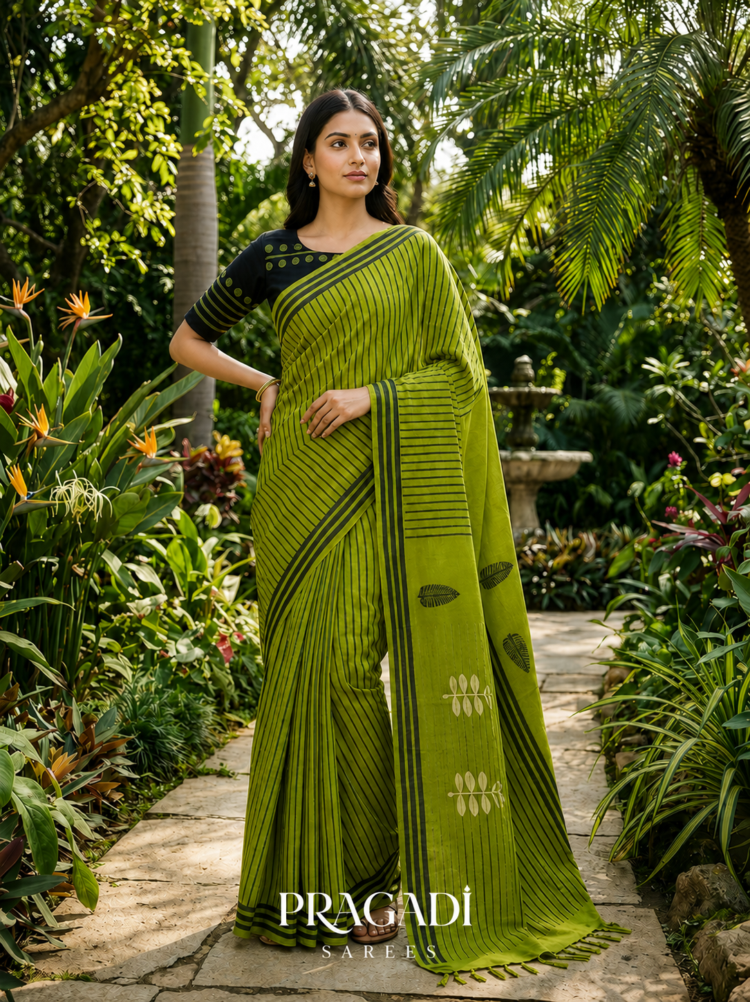 Woman in a green saree with black patterns standing in a garden setting