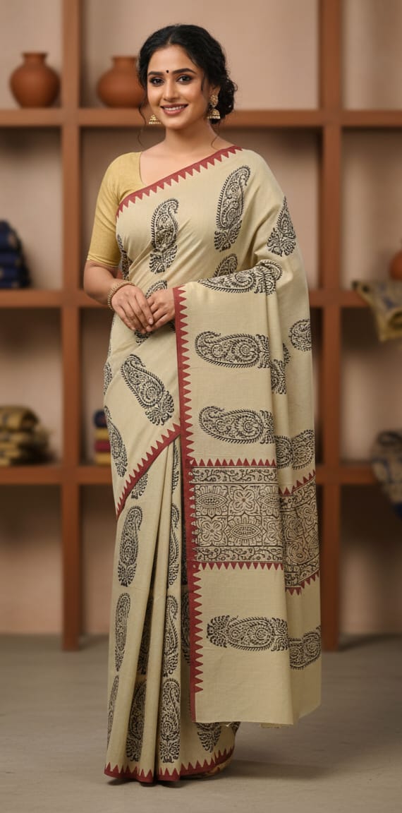 MUL MUL SOFT COTTON BLOCK PRINTED SAREES WITH BLOUSE.ELEGANT DESIGN.