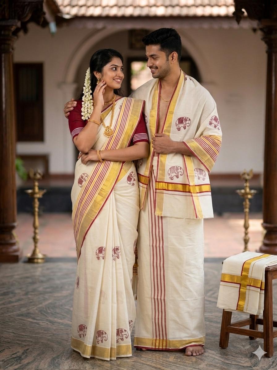 Kerala kasavu saree with hand block prints,and silk cotton blouse and dhothi