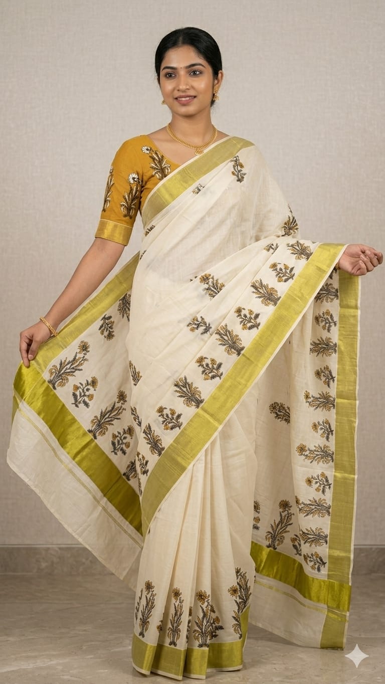 Kerala kasavu saree with hand block prints,and silk cotton blouse Rs1300