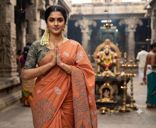 southcotton hand block printed saree with blouse