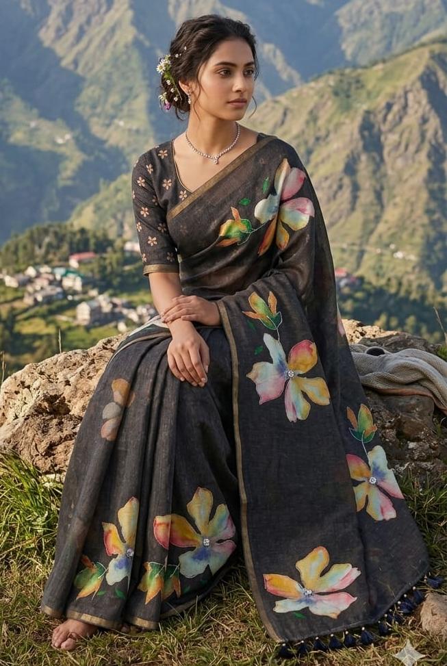 Linen cotton saree with silk blouse RS 1200
