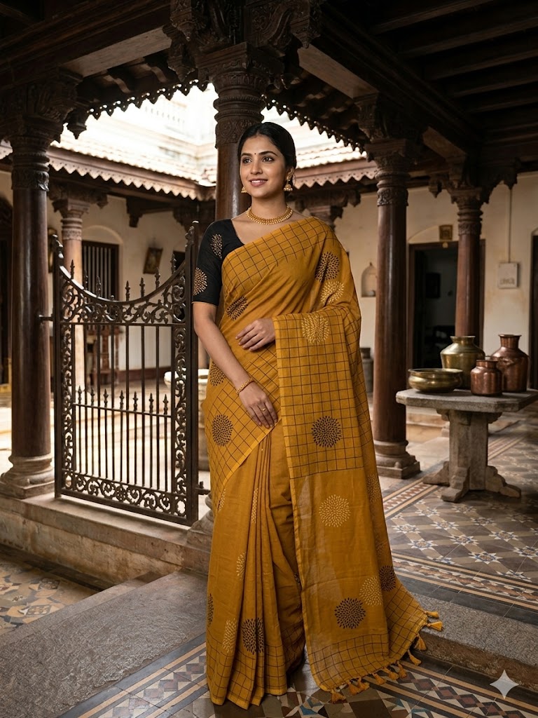 MUL MUL SOFT COTTON BLOCK PRINTED SAREES WITH BLOUSE.ELEGANT DESIGN.