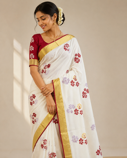 Kerala kasavu saree with hand block prints,and silk cotton blouse Rs1300