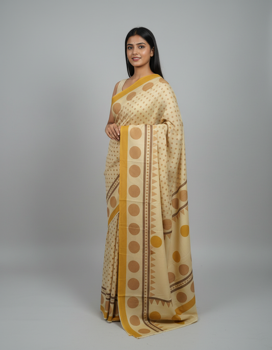 Yellow Soft Mul Cotton Handblock Saree