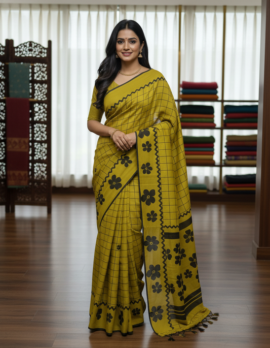 Green Soft Mul Cotton Handblock Saree
