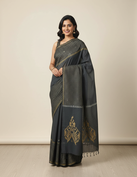 Gold Printed Saree with Handloom design