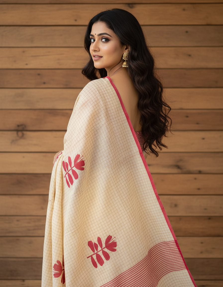 SOUTH COTTON BLOCK PRINTED SAREES WITH BLOUSE  Elegant Cream Handloom Saree with Floral Motifs
