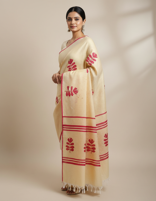 Elegant Cream Handloom Saree with Floral Motifs