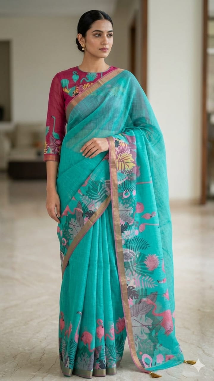 cotton linen digital printed saree