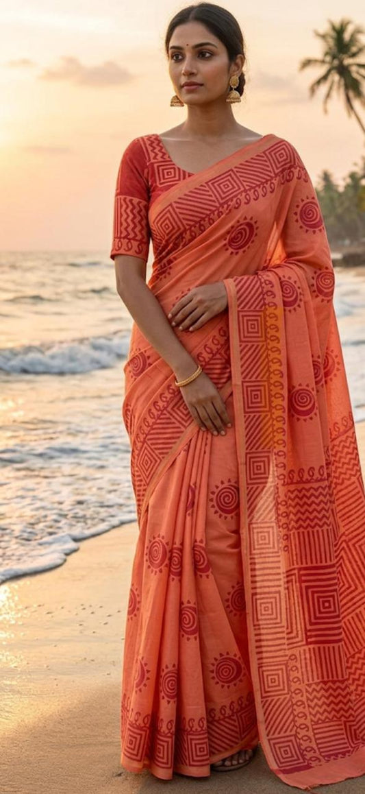 mulmul soft cotton block printed saree with blouse