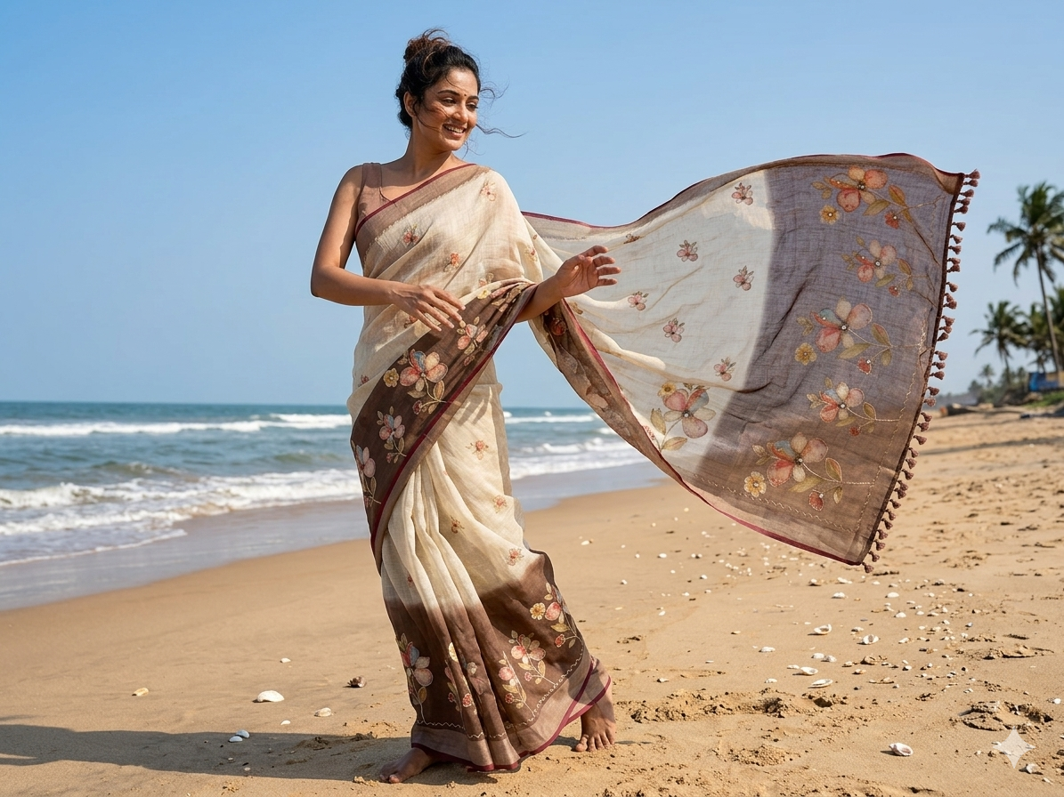 Linen &nbsp;cotton saree with silk blouse
