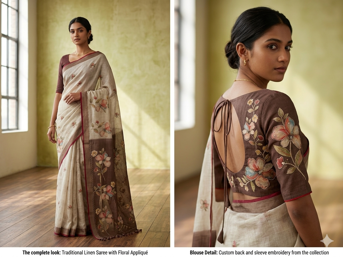Linen &nbsp;cotton saree with silk blouse