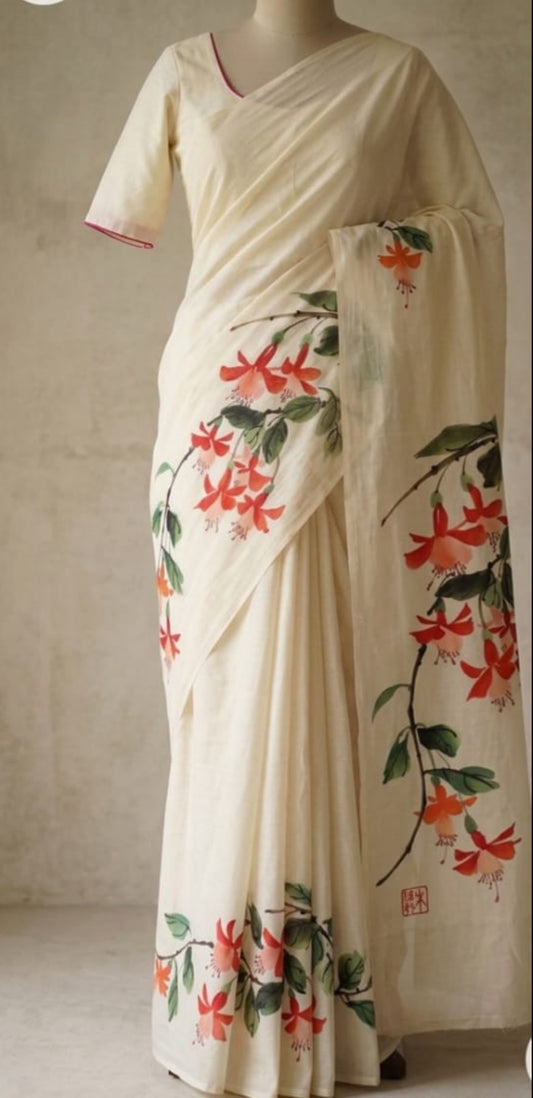 Kerala kasavu saree with hand block prints,and silk cotton blouse Rs1300