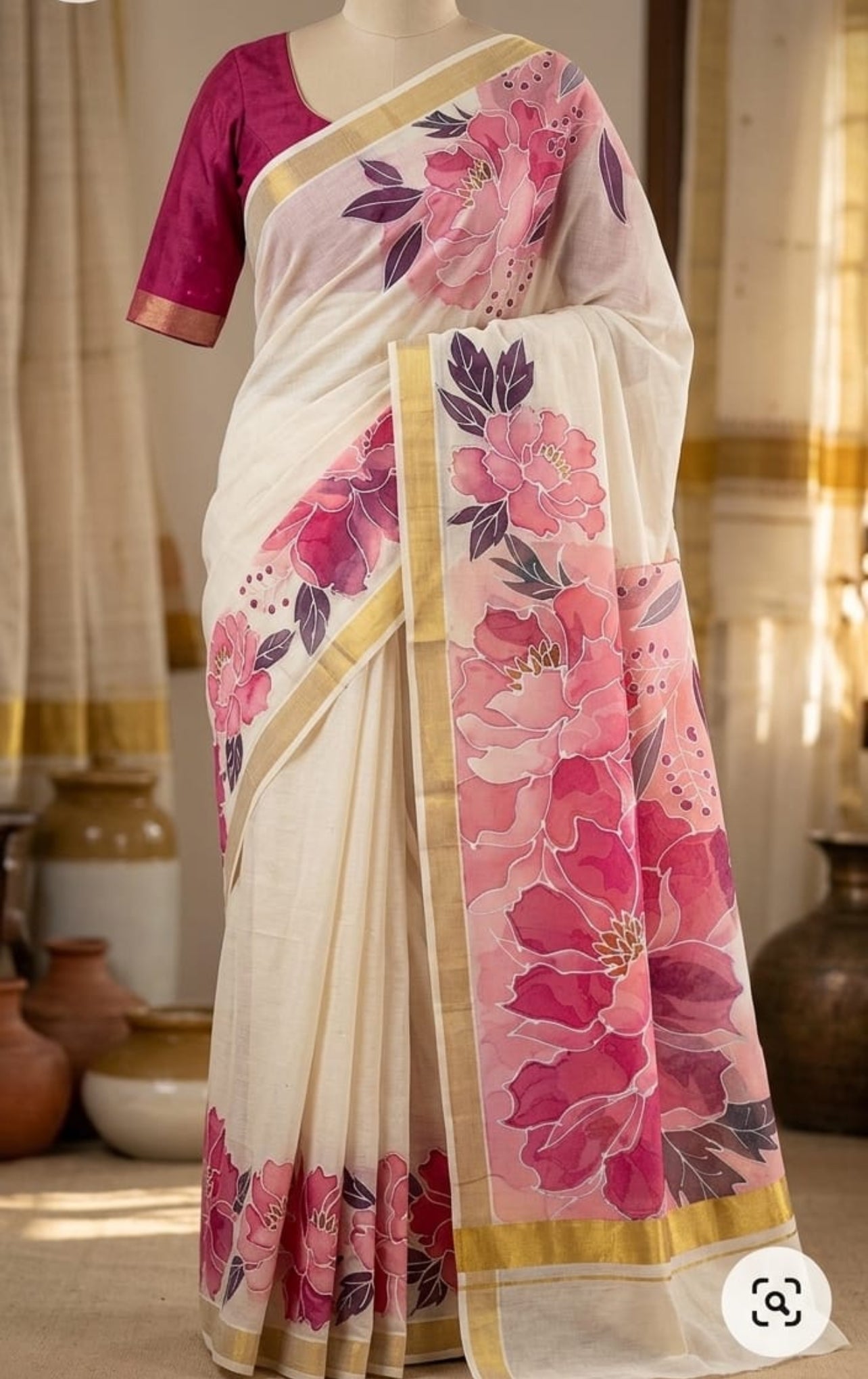 Kerala kasavu saree with hand block prints,and silk cotton blouse Rs1300