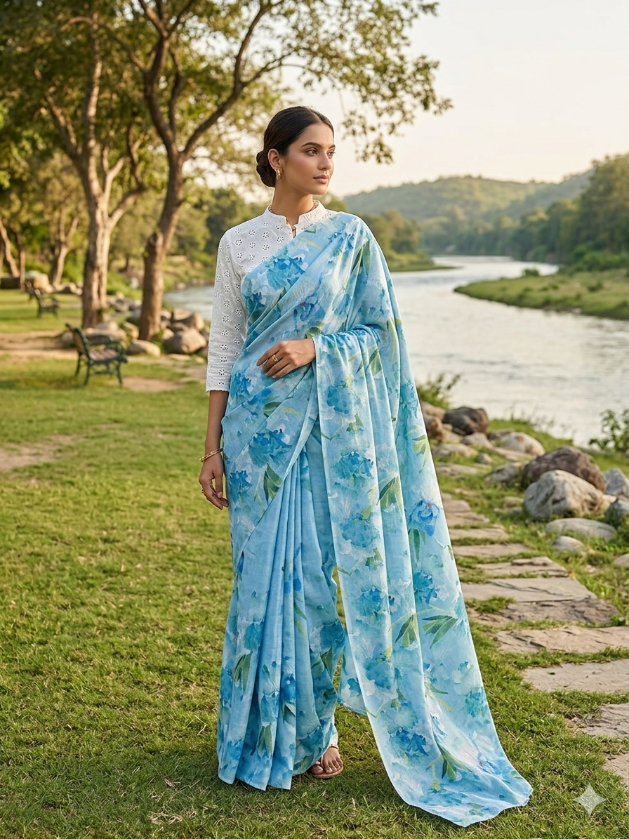 DIGITAL PRINTED COTTON SAREES WITH HACOBA EMBROIDERY BLOUSE