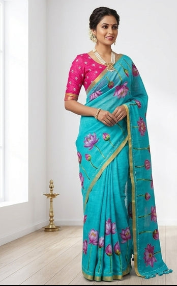 Linen cotton saree with blouse