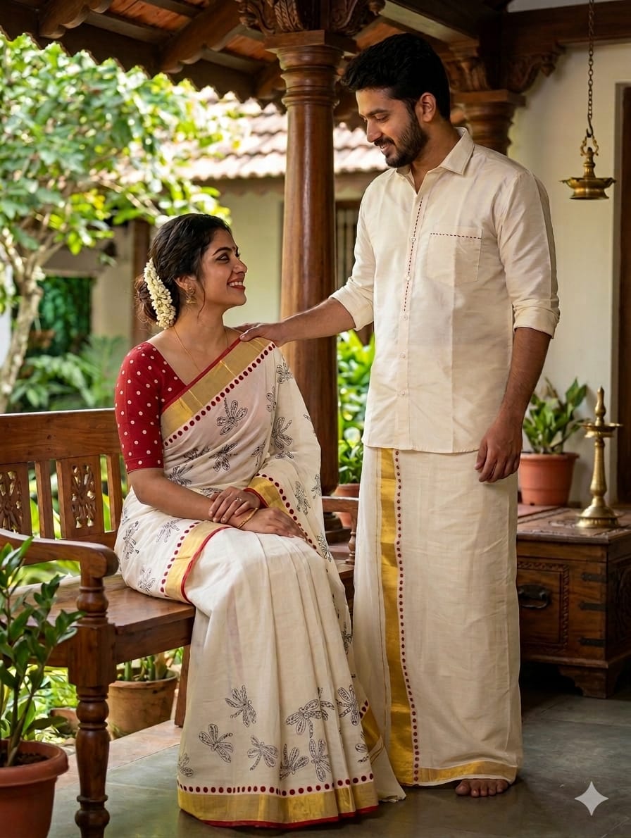 Kerala kasavu saree with hand block printed, blouse and dhothi