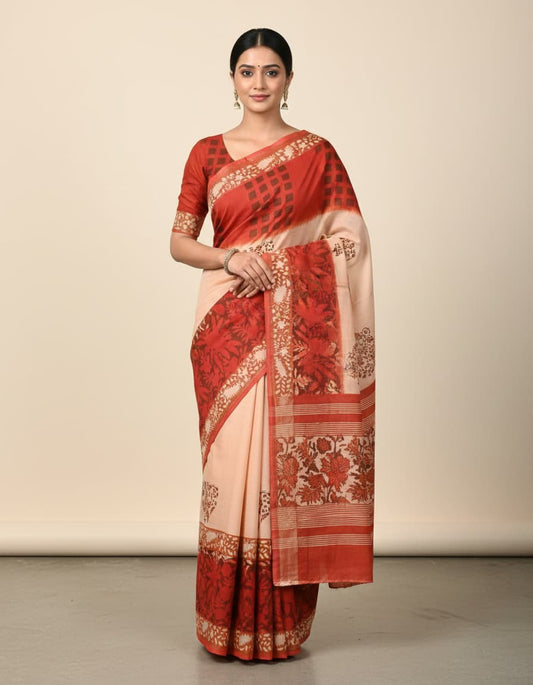 MUL MUL SOFT COTTON BLOCK PRINTED SAREES WITH BLOUSE.ELEGANT DESIGN.