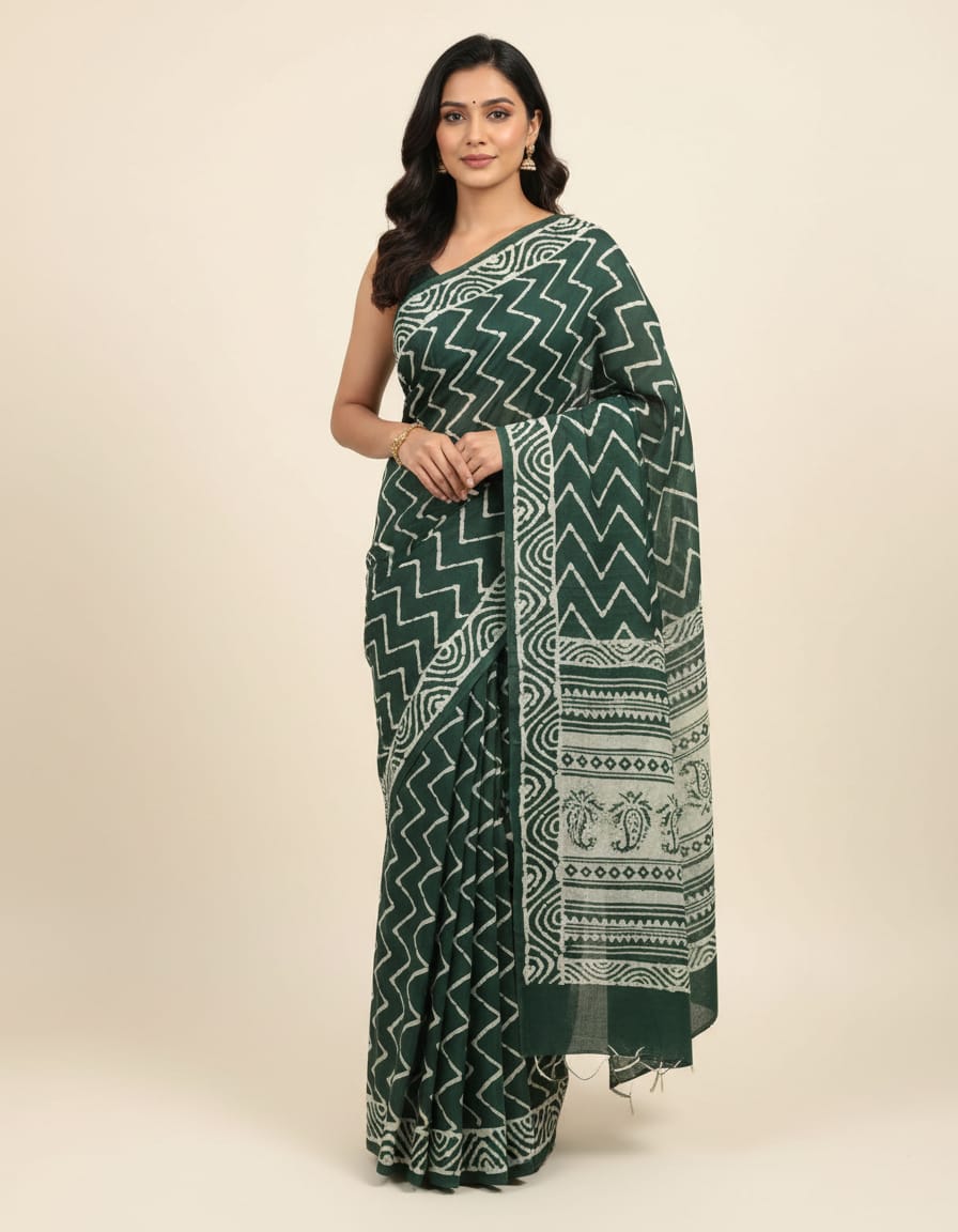 MUL MUL SOFT COTTON BLOCK PRINTED SAREES WITH BLOUSE.ELEGANT DESIGN.