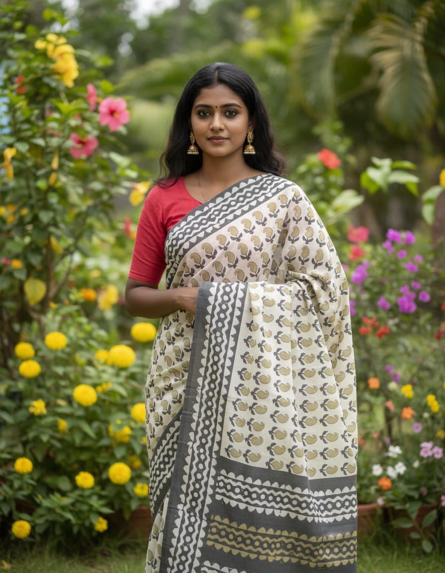 MUL MUL SOFT COTTON BLOCK PRINTED SAREES WITH BLOUSE.ELEGANT DESIGN.
