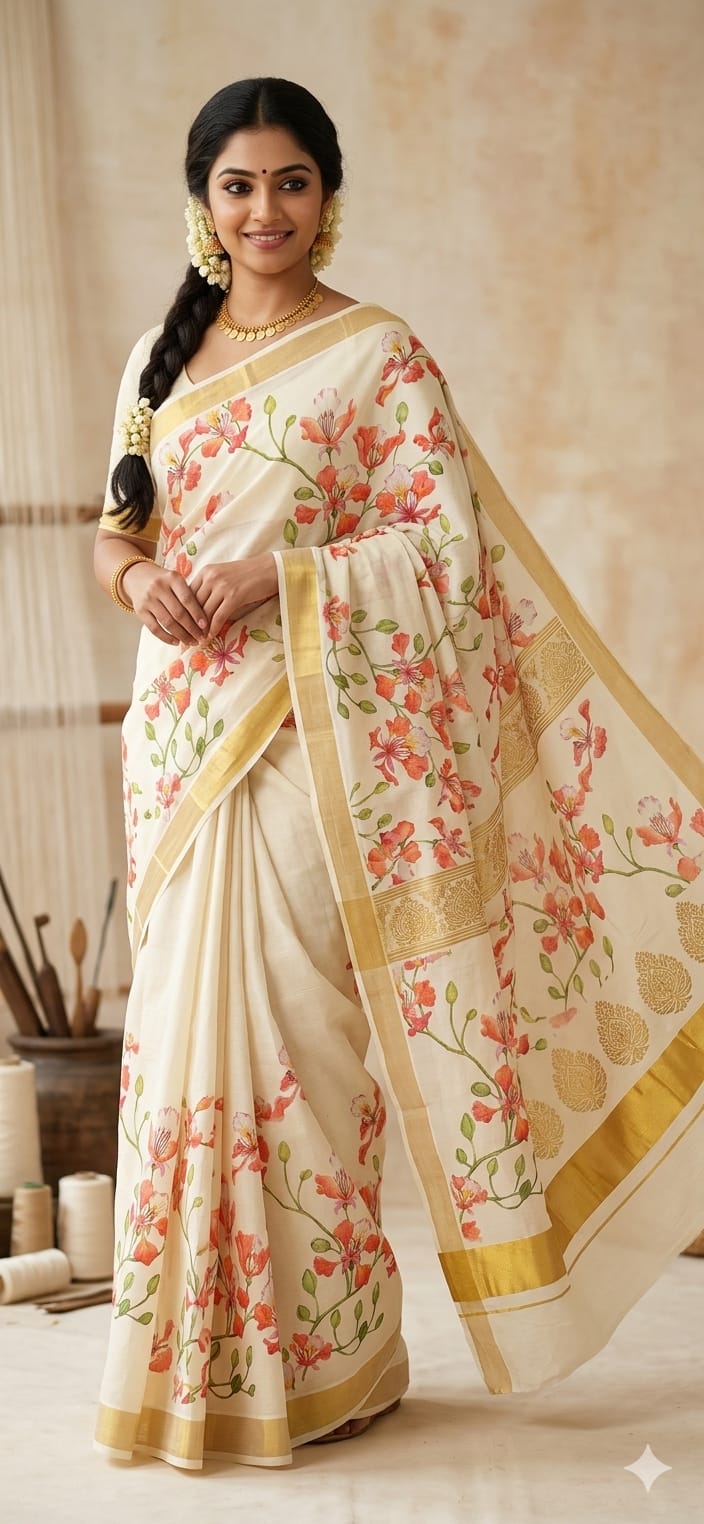 KERALA COTTON DIGITALPRINTED SAREES WITH BLOUSE