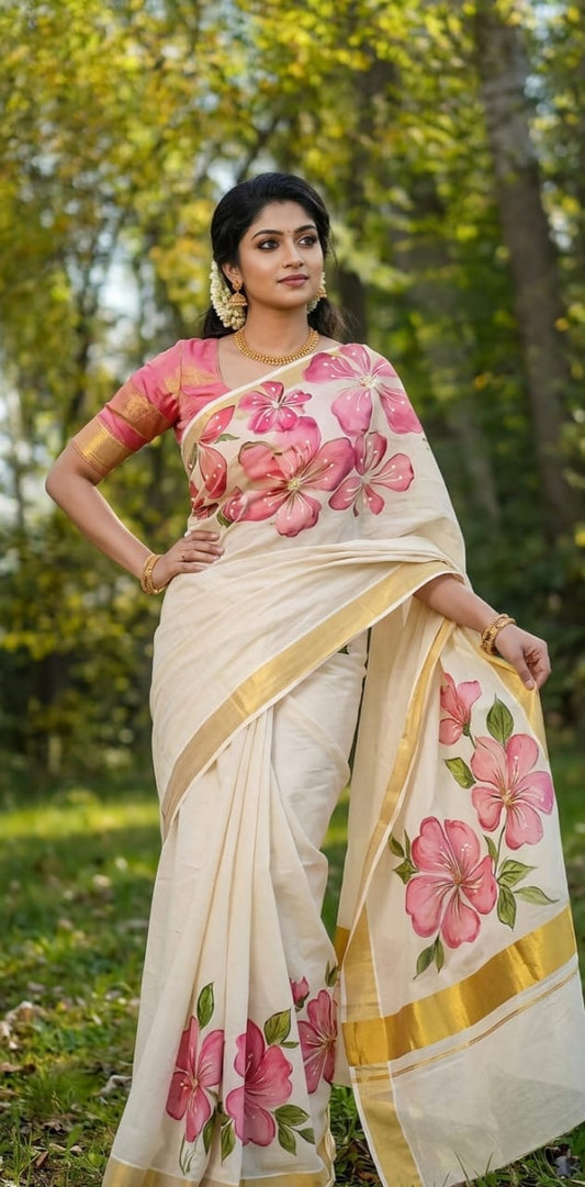 Kerala kasavu saree with digital printed saree,silk cotton blouse Rs1350