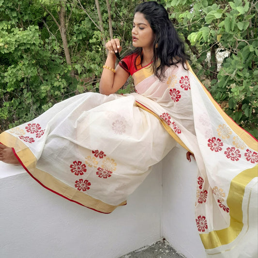 Kerala kasavu saree with hand block prints,and silk cotton blouse Rs1300