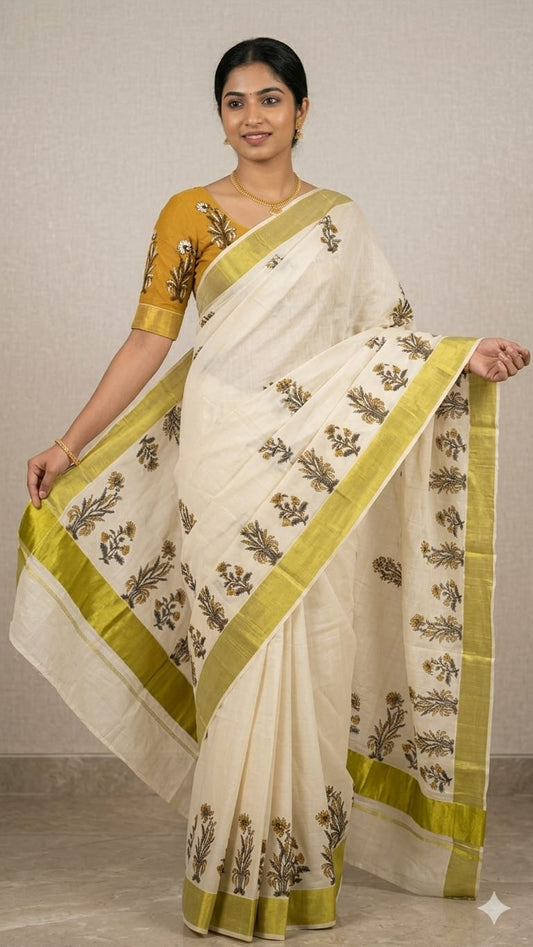 Kerala kasavu saree with hand block prints,and silk cotton blouse Rs1300