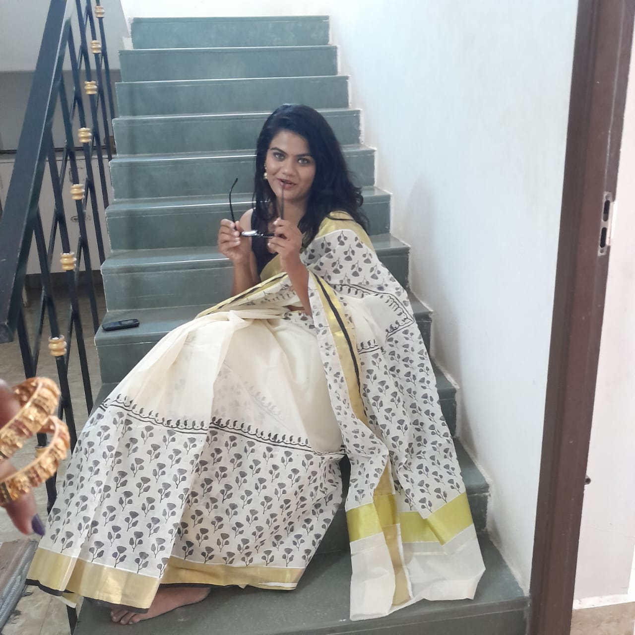 Kerala kasavu saree with hand block prints,and silk cotton blouse Rs1300