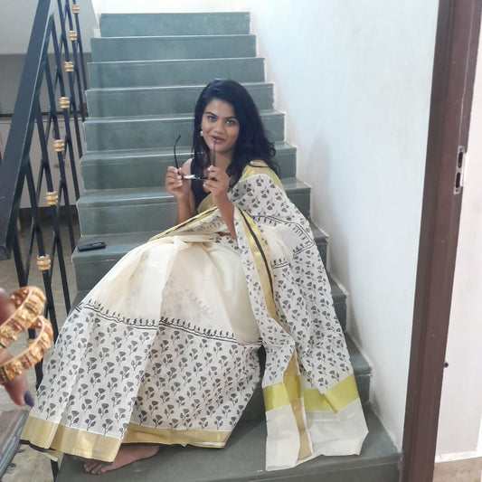 Kerala kasavu saree with hand block prints,and silk cotton blouse Rs1300