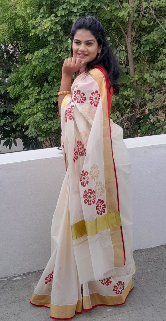 Kerala kasavu saree with hand block prints,and silk cotton blouse Rs1300