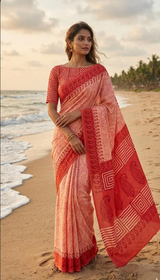 MUL MUL SOFT COTTON BLOCK PRINTED SAREES WITH BLOUSE