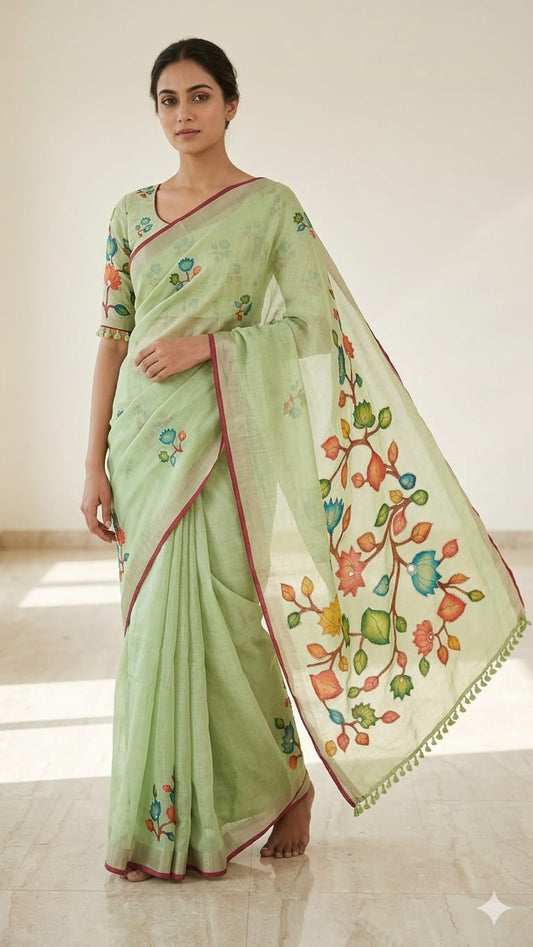 Linen cotton saree with silk blouse RS 1200