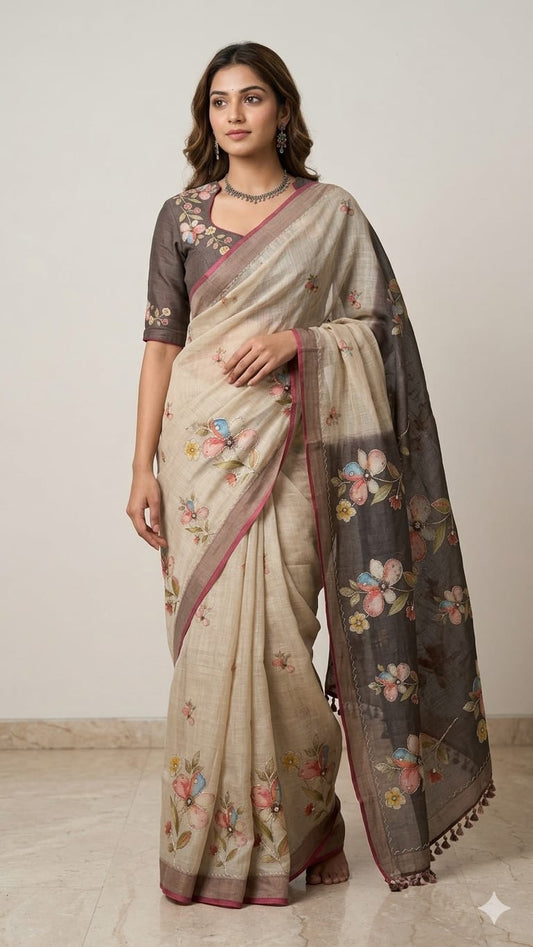 Linen cotton saree with silk blouse RS 1200