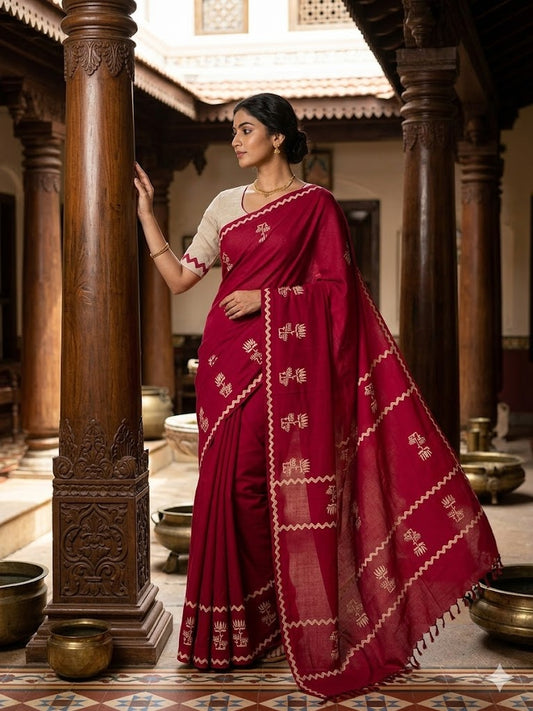 MUL MUL SOFT COTTON BLOCK PRINTED SAREES WITH BLOUSE.ELEGANT DESIGN.