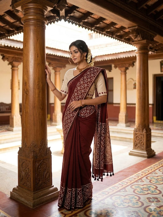 MUL MUL SOFT COTTON BLOCK PRINTED SAREES WITH BLOUSE.ELEGANT DESIGN.